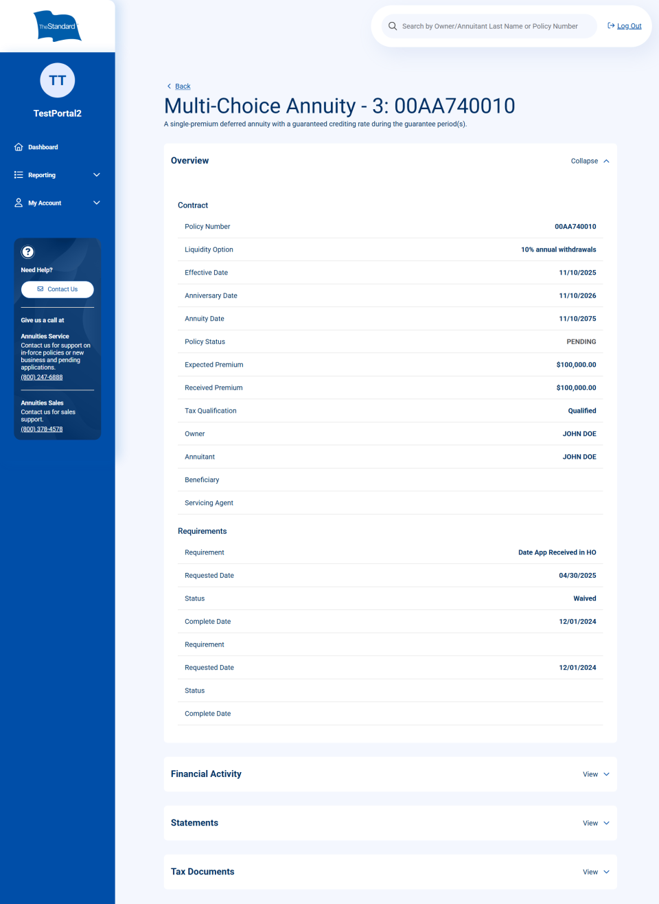 Multi‑choice annuity details screen displaying contract information, premiums, dates, and account status.